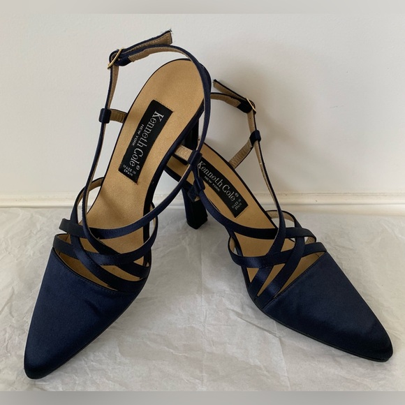 Vintage Kenneth Cole satin heels in navy, size 8AA (narrow), never worn. - Picture 1 of 8